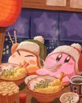  bowl chopsticks cup eating food green_headwear highres holding holding_chopsticks kirby kirby_(series) lantern miclot no_humans noodles paper_lantern red_headwear shrimp shrimp_tempura sitting table tempura waddle_dee 