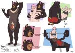 2023 5_fingers 5_toes anthro balls barbell barefoot bear black_bear black_nose blush bottomwear bra breast_fondling breast_play breasts butt character_name claws clothed clothing duo english_text erection erection_under_clothing exercise feet female female_on_anthro fingers fondling genitals hair hand_on_breast hi_res hindpaw horu_(zendrid) human human_on_anthro humanoid_hands husband_and_wife interspecies male male/female male_anthro male_on_human mammal married_couple model_sheet moon_bear navel nipples nude odessa_(zendrid) paws penis pink_hair shorts signature sit-up sports_bra standing teeth tenting text toe_claws toes tongue topless topless_anthro topless_male underwear ursine weightlifting workout zendrid