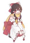  1girl ascot bare_shoulders black_hair blush bow brown_eyes detached_sleeves full_body hair_between_eyes hair_bow hakurei_reimu highres japanese_clothes long_hair looking_at_viewer nontraditional_miko open_mouth red_bow red_skirt reimu_tyuki ribbon-trimmed_sleeves ribbon_trim scarf simple_background skirt smile solo squatting touhou white_background white_sleeves yellow_ascot yellow_scarf 