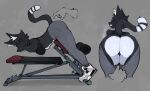 ambiguous_gender anthro biped black_body black_fur bodily_fluids butt clothed clothing domestic_cat duo exercise felid feline felis female fur goonie-san grey_background hi_res looking_back mammal rear_view simple_background sweat white_body white_fur workout