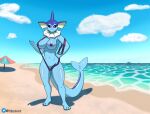 anthro areola beach big_breasts bikini blue_areola blue_body blue_nipples breasts clothing eeveelution female frill_(anatomy) generation_1_pokemon head_crest hi_res inviting looking_at_viewer nintendo nipples pokemon pokemon_(species) r3ptart seaside sling_bikini solo swimwear vaporeon