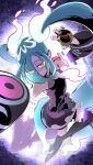  absurdres aqua_hair bare_shoulders black_skirt black_sleeves black_thighhighs commentary detached_sleeves dusk_ball eyes_visible_through_hair film_grain fire_hair_ornament ghost_miku_(project_voltage) glitch gradient_hair grey_shirt hatsune_miku highres holding holding_poke_ball kakashino_kakato long_hair looking_at_viewer mismagius multicolored_hair necktie official_alternate_costume orange_eyes poke_ball pokemon pokemon_(creature) print_sleeves project_voltage see-through_necktie shirt skirt thighhighs twintails two-tone_hair very_long_hair vocaloid white_hair white_necktie 