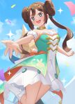  1girl :d bare_shoulders blue_eyes blue_sky boots brown_hair cloud commentary confetti double_bun dress english_commentary gazing_eye hair_bun highres knee_boots leg_up long_hair looking_at_viewer official_alternate_costume open_mouth outstretched_hand pokemon pokemon_masters_ex rosa_(champion)_(pokemon) rosa_(pokemon) sky smile solo strapless strapless_dress sweat teeth tiara twintails upper_teeth_only white_dress white_footwear 