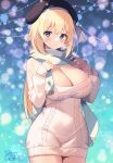  1girl :o absurdres black_headwear blonde_hair blue_eyes blue_scarf blush breasts breath cleavage commentary_request cowboy_shot dress hat highres kakerayuri large_breasts long_hair long_sleeves looking_at_viewer original scarf short_dress signature solo standing white_dress 