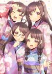  4girls :d ;d arm_up black-framed_eyewear blue_kimono blush braid brown_eyes brown_hair checkered_background closed_mouth commentary_request commission fang floral_print glasses japanese_clothes kimono kou_hiyoyo long_sleeves low_twintails miyabi_ichika miyabi_mifu miyabi_nitori miyabi_shizuki multiple_girls new_year obi one_eye_closed parted_bangs parted_lips pink_kimono ponytail purple_kimono sash semi-rimless_eyewear siblings sisters skeb_commission smile twin_braids twintails under-rim_eyewear wide_sleeves yotsugo_gurashi 