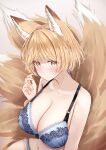  1girl animal_ears blonde_hair blue_bra blush bra breasts cleavage closed_mouth fox_ears fox_tail highres large_breasts looking_at_viewer multiple_tails navel sarasadou_dan short_hair slit_pupils solo tail touhou underwear underwear_only yakumo_ran yellow_eyes 