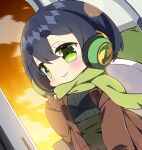 1girl absurdres black_hair black_skirt black_sweater blush breasts brown_jacket brown_sky chibi closed_mouth cloud cloudy_sky commentary_request dutch_angle green_scarf hair_between_eyes headphones highres jacket kyoumachi_seika large_breasts long_sleeves milkpanda open_clothes open_jacket puffy_long_sleeves puffy_sleeves red_eyes ribbed_sweater scarf short_eyebrows skirt sky sleeves_past_wrists smile solo sunset sweater thick_eyebrows voiceroid yellow_sky 