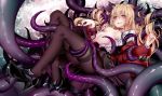  anotoki_ashi anthropomorphism blonde_hair blush kantai_collection long_hair navel no_bra open_shirt pantyhose red_eyes skirt tentacles wo-class_aircraft_carrier 