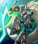  alternate_color alternate_eye_color alternate_hair_color armor aura blue_gemstone corruption crossover dark_persona double_helix facial_tattoo fierce_deity gem gloves glowing glowing_sword glowing_weapon helmet highres holding holding_weapon long_hair looking_down mega_man_(series) mega_man_x_(series) no_pupils ponytail possessed stoic_seraphim sword tattoo the_legend_of_zelda the_legend_of_zelda:_majora&#039;s_mask triangle weapon white_eyes white_hair zero_(mega_man) 