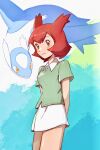  1girl arms_behind_back bianca_(pokemon_heroes) blush breasts brown_eyes closed_mouth commentary_request cowboy_shot day eyelashes green_shirt highres latios outdoors pokemon pokemon_(anime) pokemon_(classic_anime) pokemon_(creature) pokemon_heroes:_latios_&amp;_latias potori3939 red_hair shirt short_sleeves skirt smile two_side_up white_skirt 