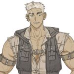  1boy bara chest_belt ear_piercing earrings jewelry large_pectorals looking_at_viewer male_focus mismatched_earrings muscular muscular_male na-eun_(ejdbvaaqup08jfy) original pectoral_cleavage pectorals piercing scar scar_across_eye short_hair solo thick_eyebrows torn_clothes torn_sleeves white_hair 