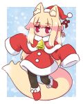  1girl animal_ear_fluff animal_ears bell black_pantyhose blonde_hair blush capelet closed_mouth commentary_request dress fox_ears fox_girl fox_tail full_body fur-trimmed_capelet fur-trimmed_dress fur_trim hair_ornament hairpin hat highres kemomimi-chan_(naga_u) long_hair naga_u neck_bell original pantyhose pom_pom_(clothes) purple_eyes red_capelet red_dress red_footwear revision santa_costume santa_hat sleeves_past_fingers sleeves_past_wrists solo tail 