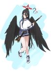  1girl ? ?? absurdres black_choker black_hair black_wings blue_archive bolt_action breasts choker commentary_request feathered_wings full_body gun gym_shirt gym_shorts gym_uniform hair_between_eyes halo hasumi_(blue_archive) hasumi_(track)_(blue_archive) high_ponytail highres holding holding_gun holding_weapon jacket large_breasts large_wings long_hair looking_at_viewer low_wings m1917_enfield mark_jin mole mole_under_eye official_alternate_costume partially_unzipped ponytail red_eyes red_halo rifle shirt shoes shorts simple_background sneakers socks solo track_jacket very_long_hair weapon white_socks wings 