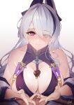  1boy 1girl azur_lane bare_shoulders black_hair blush breasts candy chocolate chocolate_on_body chocolate_on_breasts cleavage closed_mouth collarbone commentary eyes_visible_through_hair fingernails food food_on_body gradient_background grey_hair hair_over_one_eye heart heart-shaped_chocolate hetero highres large_breasts looking_at_viewer multicolored_hair purple_eyes sea_nami signature smile streaked_hair unzen_(azur_lane) 