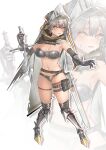  1girl alternate_costume arknights armor armored_boots armpits belt bikini_armor black_belt blush boots breasts cape cleavage commentary double-parted_bangs embarrassed fartooth_(arknights) feather_hair full_body gauntlets grey_cape grey_hair highres holding holding_sword holding_weapon kaguura_(kagu) long_hair looking_at_viewer medium_breasts navel outline parted_lips scabbard sheath simple_background skindentation solo standing stomach sweat sword thigh_pouch thigh_strap visor_(armor) weapon white_background white_outline yellow_eyes zoom_layer 