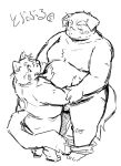 2023 ailurid anthro balls belly big_belly blush canid canine canis clothed clothing domestic_dog duo embrace futaba_kotobuki genitals hug kemono male mammal moobs namihira_kousuke overweight overweight_male partially_clothed red_panda simple_background size_difference sketch takagi_kyou trouble_(series) underwear underwear_down white_background
