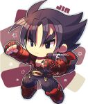  1boy belt black_hair black_jacket black_pants character_name chibi full_body gloves hood hood_down hooded_jacket jacket kazama_jin kotorai male_focus pants pectoral_cleavage pectorals red_belt red_footwear red_gloves signature studded_gloves tekken thick_eyebrows v-shaped_eyebrows 