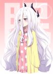  1girl absurdres ahoge bags_under_eyes blue_archive closed_mouth commentary_request demon_horns hair_between_eyes halo highres hina_(blue_archive) horns leglus long_hair long_sleeves multiple_horns pajamas pink_pajamas polka_dot polka_dot_pajamas purple_eyes solo very_long_hair white_hair 