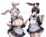  1boy 1girl 2023 alternate_breast_size animal_ear_fluff animal_ears apron bikini black_bra black_eyes black_hair blue_eyes bow bra cherry commentary_request dress expressionless faust_(project_moon) food frilled_dress frilled_skirt frills fruit grey_hair hair_bow highres holding holding_spoon limbus_company maid maid_apron maid_bikini maid_headdress medium_hair new_year parfait project_moon pudding rabbit_ears simple_background skirt spoon strawberry swimsuit thighhighs unconventional_maid underwear white_background white_thighhighs y0ru73 yi_sang_(project_moon) 