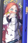  1girl blue_archive blue_eyes blush bow coat commentary_request fang hair_bow halo hands_up highres leglus locker long_hair long_sleeves looking_at_viewer open_mouth orange_hair skin_fang solo standing white_bow white_coat yellow_halo yuzu_(blue_archive) 