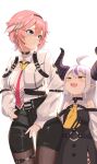  2girls :3 :d absurdres ahoge ascot black_shorts blue_eyes blush brown_eyes brown_pantyhose commentary_request grey_hair hand_on_own_hip head_wings height_difference highres hololive horns huge_horns la+_darknesss la+_darknesss_(1st_costume) long_sleeves looking_at_another multicolored_hair multiple_girls pantyhose pantyhose_under_shorts pink_hair purple_hair short_hair shorts simple_background smile streaked_hair striped_horns takane_lui takane_lui_(1st_costume) taruto_(taruto0918) virtual_youtuber white_background wings 