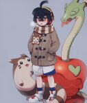  1boy 271rw ahoge black_hair blue_socks blush breath brown_jacket brown_scarf character_print commentary_request crossed_bangs furret grey_background hair_between_eyes hairband hands_in_pockets hydrapple jacket kieran_(pokemon) knees male_focus open_mouth orange_eyes pokemon pokemon_(creature) pokemon_sv scarf shoes short_hair shorts socks striped striped_scarf white_footwear white_shorts yellow_hairband 