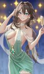  1girl absurdres aqua_eyes bare_shoulders breasts brown_hair champagne_flute commentary cowboy_shot cup dress drinking_glass earrings green_dress grin hair_intakes hands_up highres holding holding_cup honkai:_star_rail honkai_(series) jewelry long_hair looking_at_viewer medium_breasts nocta_felis ruan_mei_(honkai:_star_rail) smile solo standing very_long_hair 