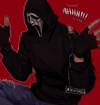  1boy black_gloves black_hoodie blood blood_on_clothes blood_on_hands blood_on_mask colored_skin cowboy_shot denim english_text fingerless_gloves from_side ghost_mask ghostface gloves hands_up highres hood hood_up hoodie jeans jispooks long_sleeves male_focus mask mask_on_head pants red_background scream_(movie) sitting solo torn_clothes torn_jeans torn_pants upper_body white_skin 
