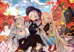  anthropomorphism autumn azur_lane blonde_hair blue_eyes clouds formidable_(azur_lane) gray_hair hat illustrious_(azur_lane) leaves long_hair pantyhose red_eyes rimsuk skirt sky tree twintails victorious_(azur_lane) water white_hair wink 