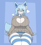 &lt;3 anthro big_breasts blue_body blue_fur blue_sclera blush bow_(feature) breasts celeste_(lewdyblueberry) cleavage cleavage_cutout clothed clothing eeveelution eyewear female fur generation_6_pokemon glasses hi_res huge_breasts legwear lewdyblueberry nintendo panties pattern_clothing pokemon pokemon_(species) scarf simple_background sitting slightly_chubby slightly_chubby_anthro solo striped_clothing stripes sweater sylveon tail thick_thighs thigh_highs thighs topwear underwear white_body white_eyes white_fur wide_hips