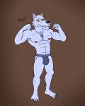 absurd_res anthro armpit_hair body_hair canid canine canis clothing dog_tags flexing fur hi_res jockstrap louis_(mckodimus) male mammal mckodimus muscular scar solo underwear white_body white_fur wolf yellow_eyes