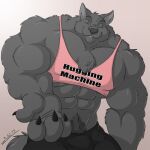 1:1 2015 4_fingers anthro biceps big_abs big_biceps big_muscles big_pecs biped black_claws black_clothing black_nose black_underwear bulge canid canine canis chest_tuft claws clothing digital_media_(artwork) english_text eyebrows eyes_closed finger_claws fingers fur grey_body grey_fur jonathan_(juano) juano male mammal muscular muscular_anthro muscular_male pecs pink_clothing pink_shirt pink_tank_top pink_topwear shirt signature simple_background smile solo standing tank_top text topwear tuft underwear wolf