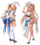  1girl absurdres alternate_costume animal_ears ass back_bow blonde_hair blue_nails bow bow_skirt breasts cleavage_cutout clothing_cutout dark-skinned_female dark_elf dark_skin detached_sleeves elf fake_animal_ears from_behind full_body gloves hair_bow hair_ribbon hand_fan high_heels highres holding holding_fan hololive large_bow legs long_hair looking_at_viewer looking_back maison_de_cante multicolored_hair multiple_views nail_polish pelvic_curtain pointy_ears rabbit_ears rabbit_tail red_eyes ribbon shiranui_flare shiranui_flare_(1st_costume) simple_background skindentation streaked_hair tail thighhighs twintails virtual_youtuber white_background white_gloves white_sleeves white_thighhighs wide_sleeves 