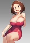  1girl :d absurdres boku_no_hero_academia breasts brown_eyes brown_hair cleavage dress grey_background highres huge_breasts kahna kahnapuf large_breasts looking_at_viewer open_mouth pink_dress short_hair smile solo strapless strapless_dress uraraka_ochako 