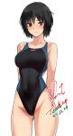  1girl amagami arms_behind_back ass_visible_through_thighs bare_shoulders black_hair black_one-piece_swimsuit blue_one-piece_swimsuit blush breasts brown_eyes closed_mouth commentary_request competition_swimsuit covered_navel cowboy_shot dated groin highleg highleg_swimsuit highres looking_at_viewer medium_breasts nanasaki_ai one-piece_swimsuit revision short_hair signature simple_background smile solo swimsuit two-tone_swimsuit white_background yoo_tenchi 