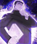  1boy aura bara book from_below gakuran glasses hand_up holding holding_book looking_at_viewer looking_down male_focus monochrome motoori_shiro purple_theme school_uniform serious short_hair solo thick_eyebrows tokyo_afterschool_summoners tyou upper_body 
