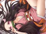  atobesakunolove black_hair breasts cleavage gag japanese_clothes kamado_nezuko kimetsu_no_yaiba kimono long_hair pink_eyes signed 