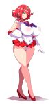  1girl absurdres bishoujo_senshi_sailor_moon breasts choker covered_navel covered_nipples full_body gloves highres huge_breasts konno_tohiro looking_at_viewer open_mouth pleated_skirt pyra_(xenoblade) red_choker red_eyes red_footwear red_hair red_sailor_collar red_skirt sailor_collar sailor_senshi_uniform shoes short_hair simple_background skirt smile solo standing thick_thighs thighs white_background white_gloves xenoblade_chronicles_(series) xenoblade_chronicles_2 