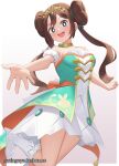 1girl :d bare_shoulders blue_eyes boots brown_hair commentary double_bun dress gazing_eye hair_bun highres knee_boots leg_up long_hair looking_at_viewer official_alternate_costume open_mouth outstretched_hand pokemon pokemon_masters_ex rosa_(champion)_(pokemon) rosa_(pokemon) simple_background smile solo strapless strapless_dress sweat teeth tiara twintails upper_teeth_only white_dress white_footwear 