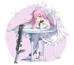  1girl absurdres black_footwear blue_archive blush capelet closed_mouth commentary_request dress feathered_wings full_body gun hair_bun halo hands_up head_rest high_heels highres leglus long_hair looking_at_viewer low_wings mika_(blue_archive) on_chair pantyhose pink_hair pink_halo rifle scrunchie single_side_bun sitting smile solo sparkle table weapon white_capelet white_dress white_pantyhose white_wings wings wrist_scrunchie yellow_eyes 