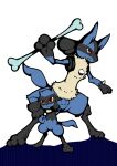 2009 ambiguous_gender anthro biped blue_body blue_fur bone duo fur generation_4_pokemon holding_bone krkr lucario multicolored_body multicolored_fur nintendo pokemon pokemon_(species) red_eyes riolu simple_background standing tan_body tan_fur teeth white_background