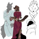alternate_species anthro bloberta_puppington bottomwear bovid canid canine canis caprine clay_puppington clothing domestic_dog dress duo female furrification hi_res horn hybrid jacket kanrix male mammal moral_orel pants pawpads sheep suit tail topwear wolf wolf_in_sheep&#039;s_clothing