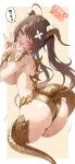  1girl 2024 absurdres ahoge aogiri_koukou aqua_eyes aqua_nails ass blush breasts brown_hair commentary_request completely_nude cropped_legs dragon_horns dragon_tail from_behind gold_horns gold_tail hair_ornament highres horns kkix25 kurikoma_komaru large_breasts long_hair looking_at_viewer nude one_eye_closed scales smile solo tail twintails v virtual_youtuber 