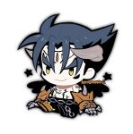  1boy :3 black_hair black_wings chest_tattoo chibi devil_jin forehead_jewel gloves grey_horns horns kazama_jin kotorai looking_ahead male_focus muted_color no_nose orange_gloves simple_background sitting solo star_(symbol) studded_gloves tattoo tekken thick_eyebrows topless_male v-shaped_eyebrows white_background wings 