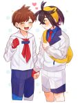  2boys :d backpack bag blue_pants blue_shirt blueberry_academy_school_uniform blush brown_hair closed_eyes closed_mouth collared_shirt commentary_request florian_(pokemon) flower_(symbol) gloves hairband heart highres holding_hands jacket kieran_(pokemon) male_focus mochi_(mocchi_p_2m) multiple_boys neckerchief necktie open_mouth pants pokemon pokemon_sv red_gloves red_neckerchief red_necktie school_uniform shirt short_hair shorts single_glove smile teeth upper_teeth_only white_background white_jacket white_shirt white_shorts yaoi yellow_bag yellow_hairband 