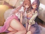  2girls amane_ruri blush bra brown_eyes brown_hair long_hair open_shirt original panties purple_hair skirt underwear 