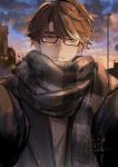  1boy absurdres black-framed_eyewear black_coat brown_hair building bush checkered_clothes checkered_scarf chinese_commentary cloud coat colored_tips commentary glasses highres honkai:_star_rail honkai_(series) lamppost looking_at_viewer male_focus meme multicolored_hair outdoors pov pov_cheek_warming_(meme) road scarf shuofei_crescent signature smile solo straight-on street sunset sweater upper_body welt_yang white_sweater yellow_eyes 