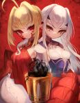  2girls ahoge ascot bare_shoulders blonde_hair blue_dress braid breasts chalice cup dragon_tail dress elbow_gloves facial_mark fate/grand_order fate_(series) forked_eyebrows french_braid gloves hair_bun hair_intakes hair_ribbon long_hair long_sleeves looking_at_viewer m0_chi melusine_(fate) melusine_(second_ascension)_(fate) multiple_girls nero_claudius_(fate) pointy_ears queen_draco_(fate) queen_draco_(first_ascension)_(fate) red_dress red_eyes red_ribbon ribbon sidelocks single_glove small_breasts tail textless_version white_gloves white_hair yellow_eyes 