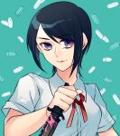  1girl aqua_background black_hair blood blood_on_weapon breasts bullet collared_shirt danganronpa:_trigger_happy_havoc danganronpa_(series) freckles green_background highres holding holding_knife ikusaba_mukuro knife neck_ribbon pink_blood red_ribbon ribbon school_uniform shell_casing shirt short_hair short_sleeves small_breasts smile solo sugu0v0 upper_body weapon 