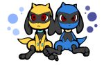 2009 ambiguous_gender black_body black_fur blue_body blue_fur duo fur krkr low_res nintendo pokemon pokemon_(species) red_eyes semi-anthro shiny_pokemon simple_background sitting white_background